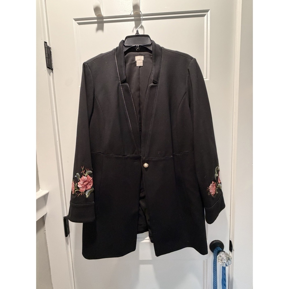 Chicos Embroidered Floral Longline Jacket‎ Black Pearl Button Size 2/L